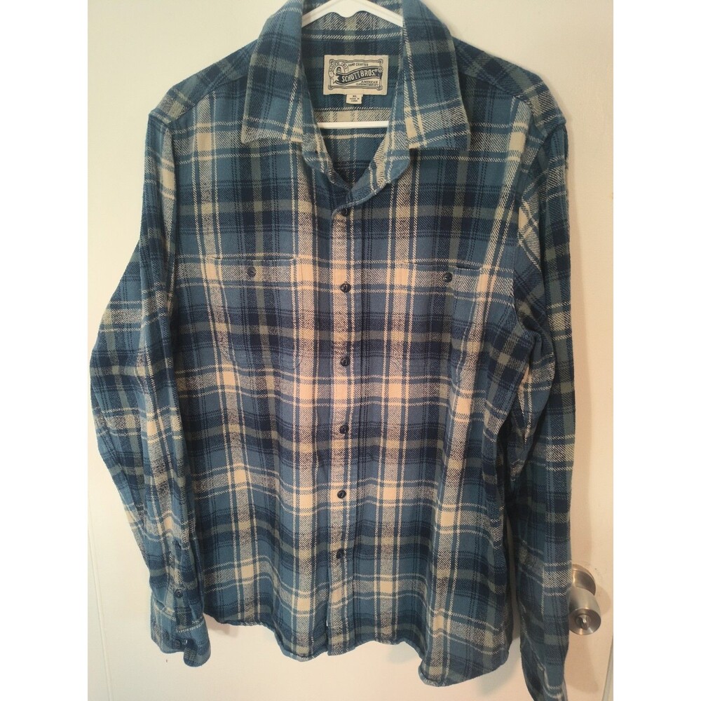 Schott Bros Shirt Mens XL Plaid Blue Flannel Button Up Long Sleeve Pockets Flan